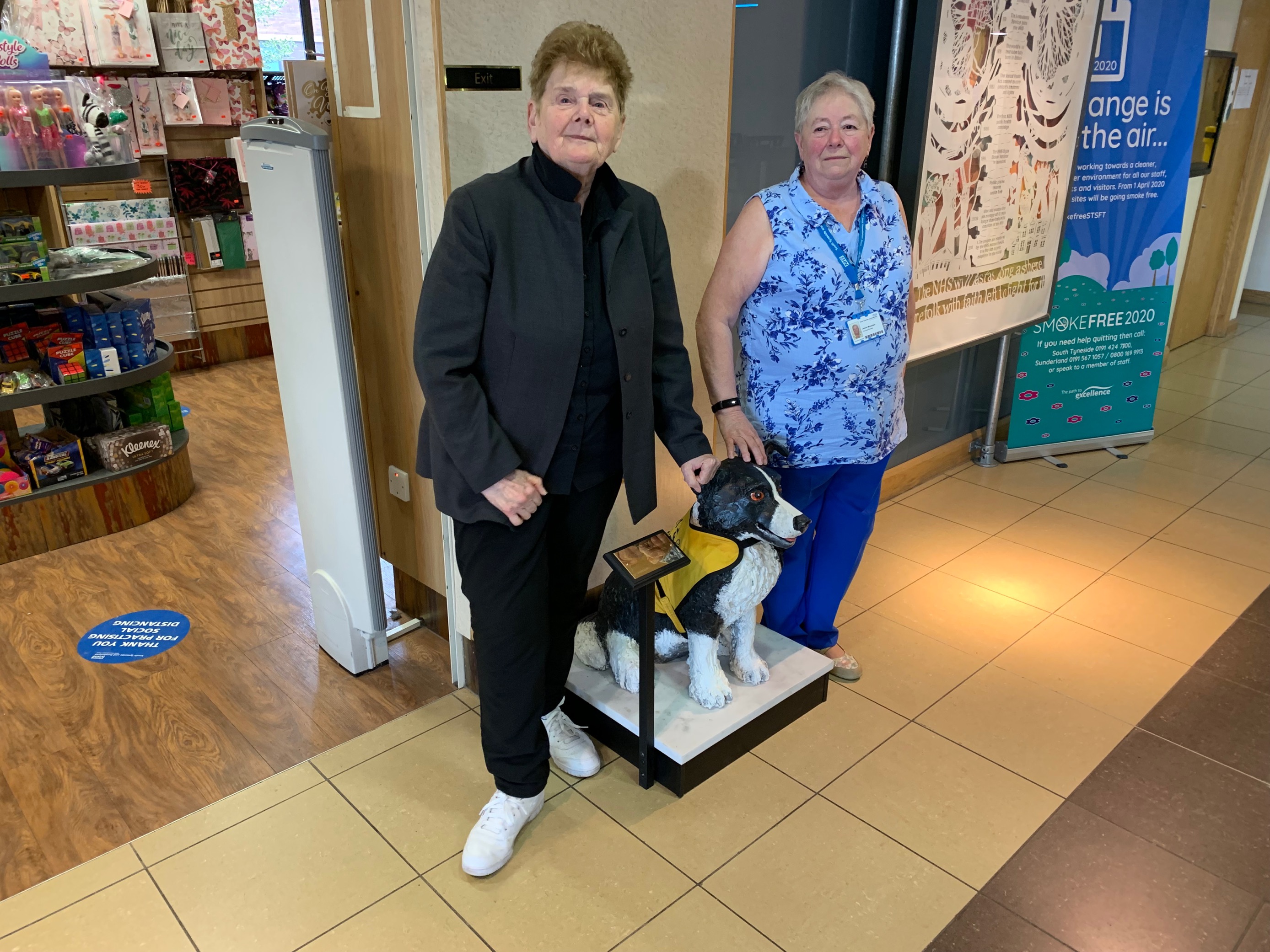 Sheila Graber and Jackie Mountain with the finished piece in place at South Tyneside District Hospital..png