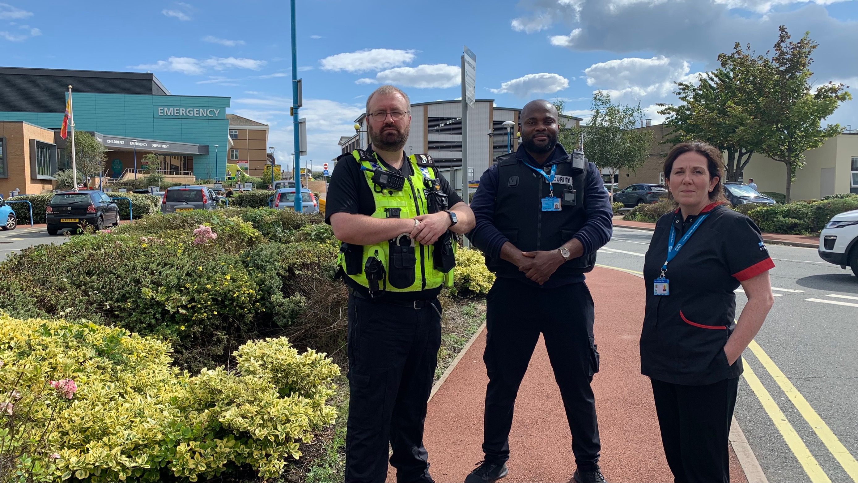 PC Richard Sawyers, security officer Stephen Nwokorie and Head of Nursing Barbara Goodfellow outside Sunderland Royal Hospital..jpg
